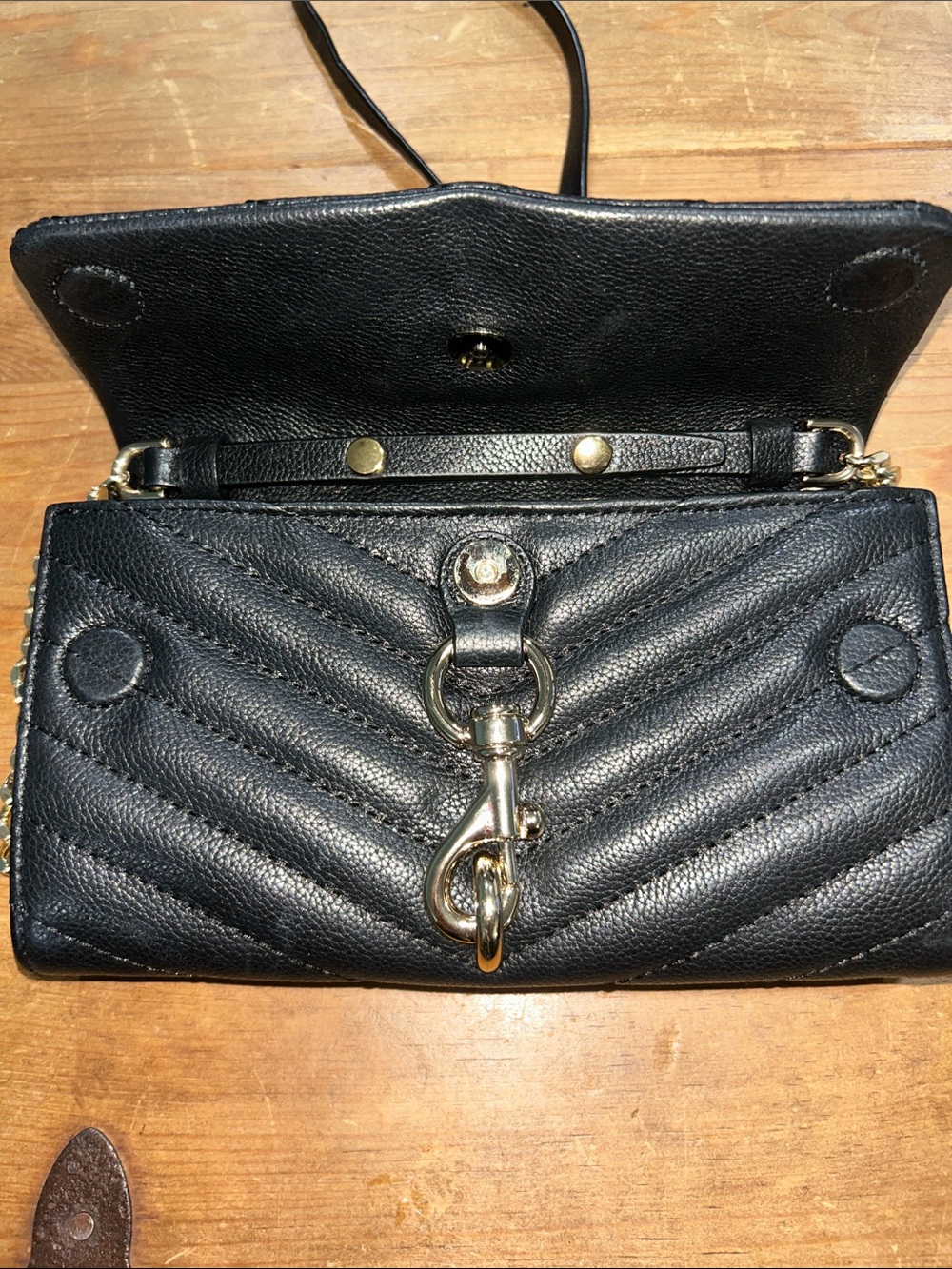 Rebecca Minkoff Edie Wallet Chain Black Quilted Leather Crossbody Gold Accents - Picture 9 of 10